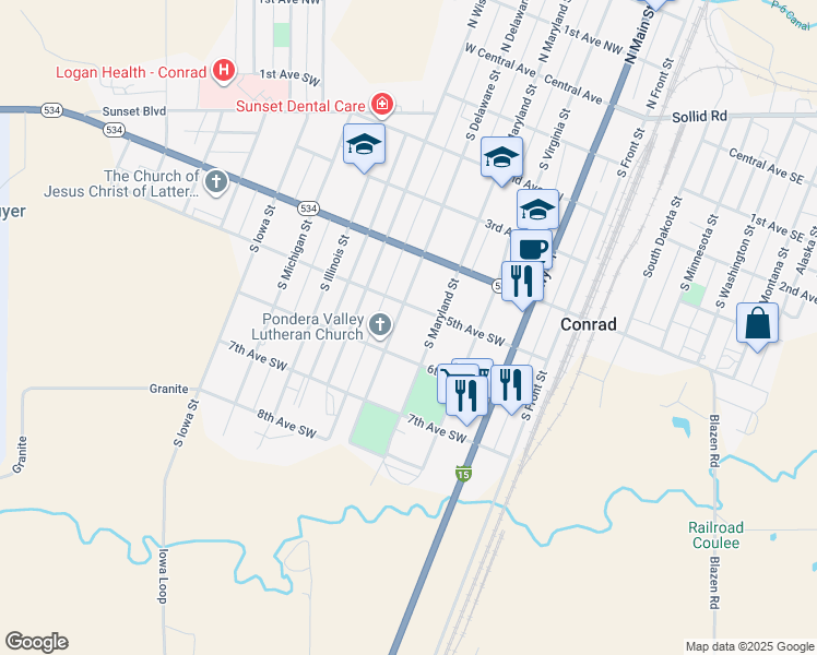 map of restaurants, bars, coffee shops, grocery stores, and more near 509-515 South Delaware Street in Conrad