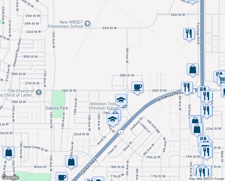map of restaurants, bars, coffee shops, grocery stores, and more near 2304 11th Avenue West in Williston