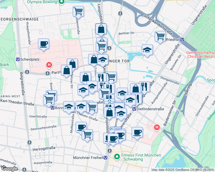 map of restaurants, bars, coffee shops, grocery stores, and more near Parkplatz LIDL/Kistenpfennig in München