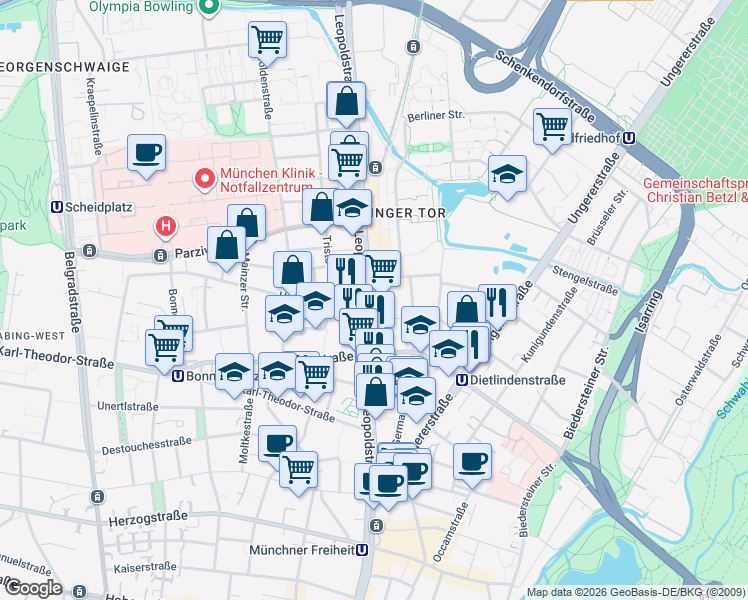 map of restaurants, bars, coffee shops, grocery stores, and more near Parkplatz LIDL/Kistenpfennig in München