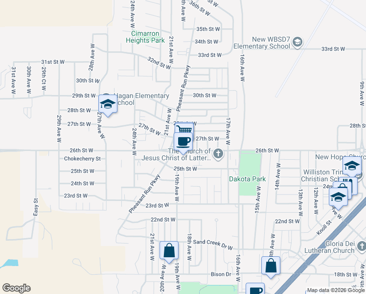 map of restaurants, bars, coffee shops, grocery stores, and more near 2700 Pheasant Run Parkway in Williston