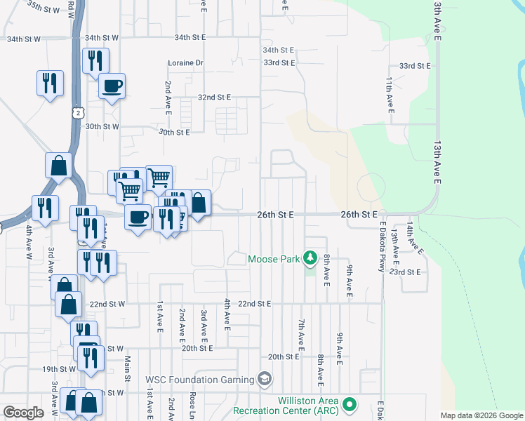 map of restaurants, bars, coffee shops, grocery stores, and more near 2615 University Avenue in Williston