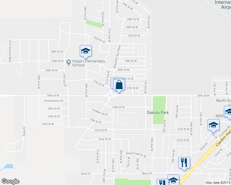 map of restaurants, bars, coffee shops, grocery stores, and more near 2700-2798 Pheasant Run Parkway in Williston