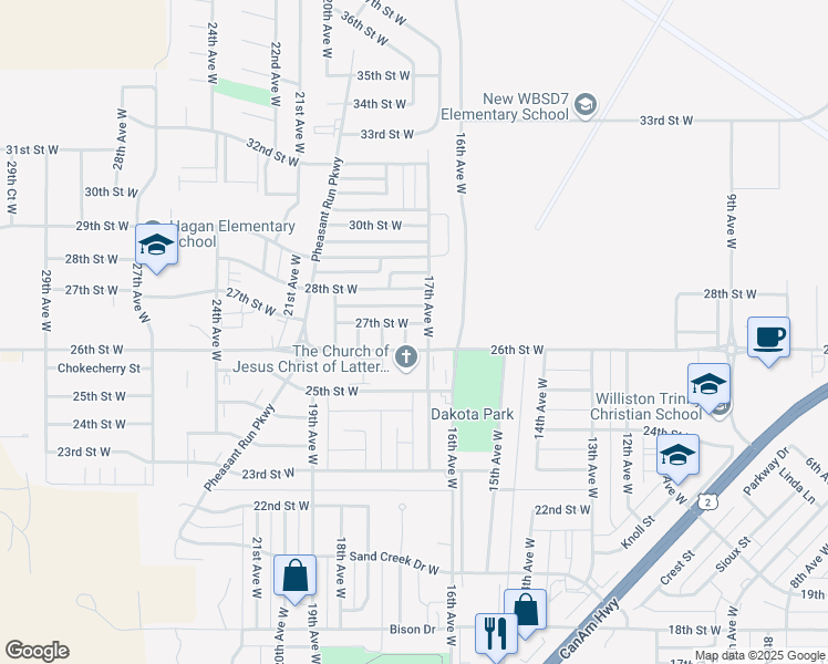 map of restaurants, bars, coffee shops, grocery stores, and more near 2701-2749 17th Avenue West in Williston