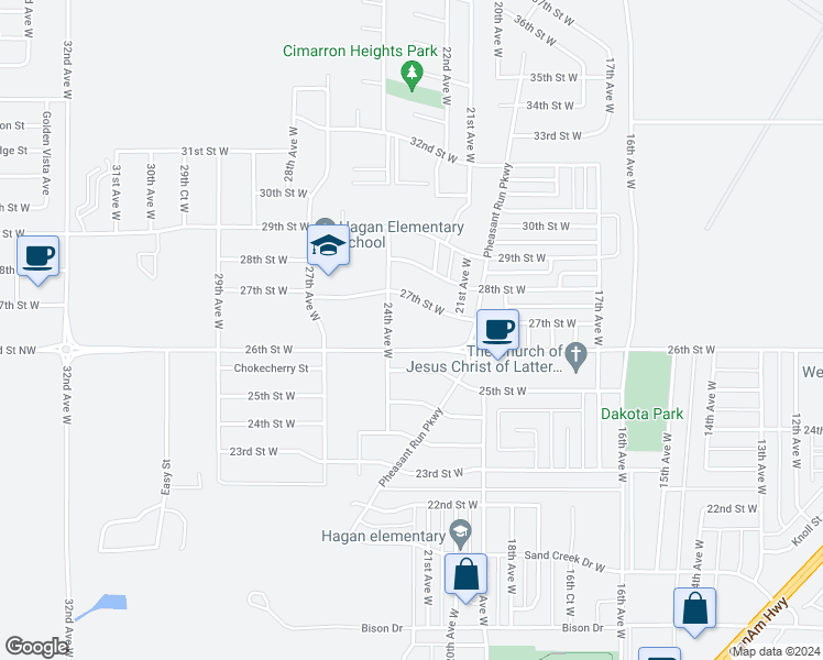 map of restaurants, bars, coffee shops, grocery stores, and more near 2618 24th Avenue West in Williston