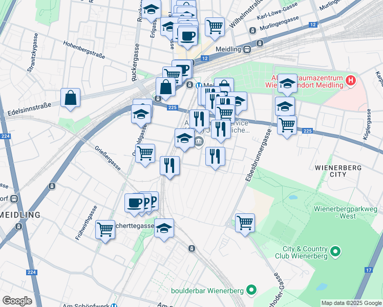 map of restaurants, bars, coffee shops, grocery stores, and more near 25 Pottendorfer Straße in Wien