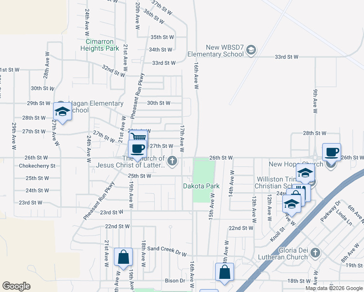 map of restaurants, bars, coffee shops, grocery stores, and more near 2701 17th Avenue West in Williston