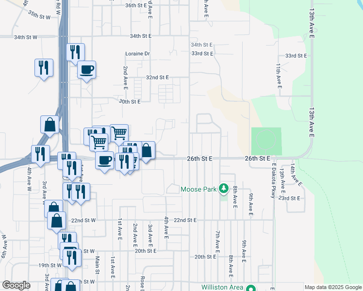 map of restaurants, bars, coffee shops, grocery stores, and more near 2615 University Avenue in Williston