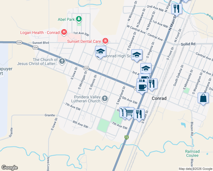 map of restaurants, bars, coffee shops, grocery stores, and more near 411 South Wisconsin Street in Conrad