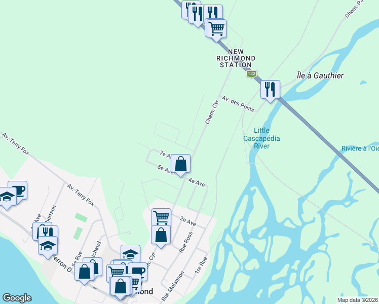 map of restaurants, bars, coffee shops, grocery stores, and more near 187 Chemin Cyr in New Richmond
