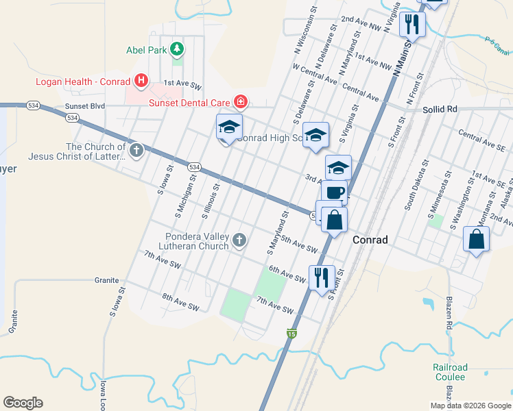 map of restaurants, bars, coffee shops, grocery stores, and more near 411 South Wisconsin Street in Conrad
