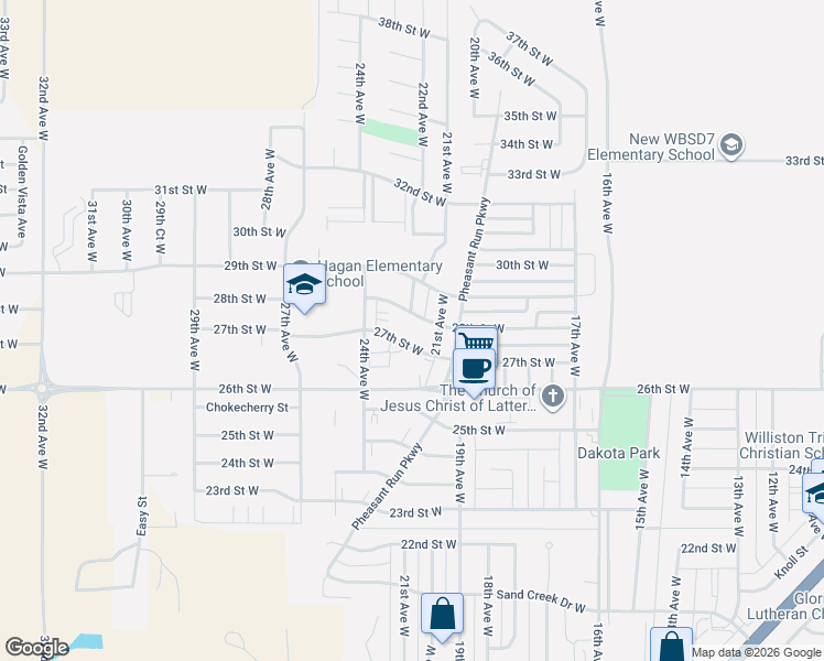map of restaurants, bars, coffee shops, grocery stores, and more near 2621 Pheasant Run Parkway in Williston