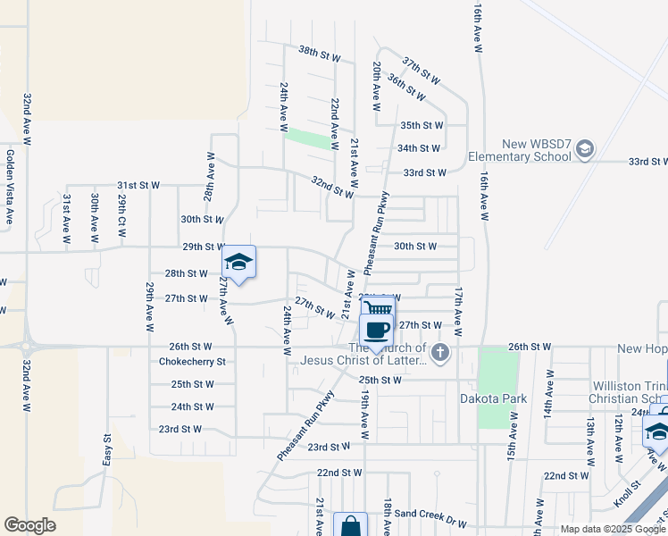 map of restaurants, bars, coffee shops, grocery stores, and more near 2810 22nd Avenue West in Williston