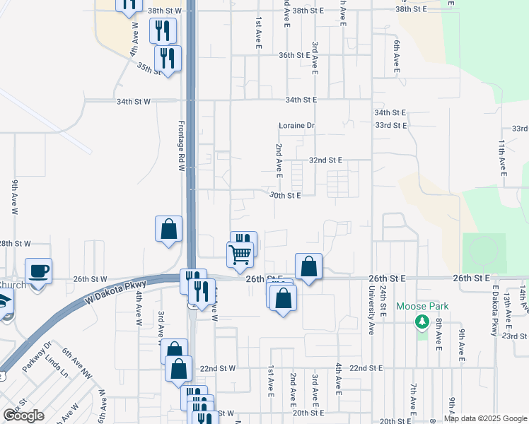 map of restaurants, bars, coffee shops, grocery stores, and more near 134 30th Street West in Williston