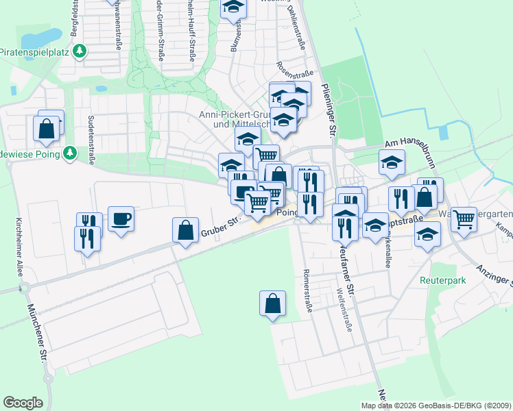 map of restaurants, bars, coffee shops, grocery stores, and more near in Poing