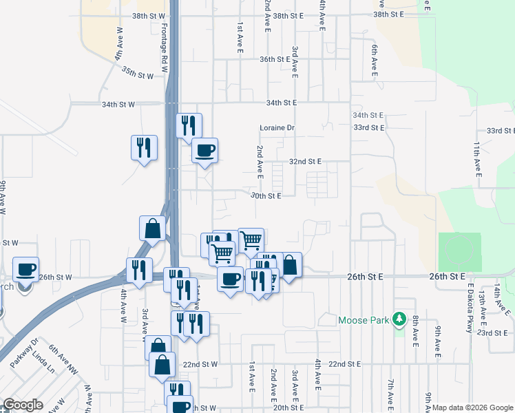 map of restaurants, bars, coffee shops, grocery stores, and more near 134 30th Street East in Williston