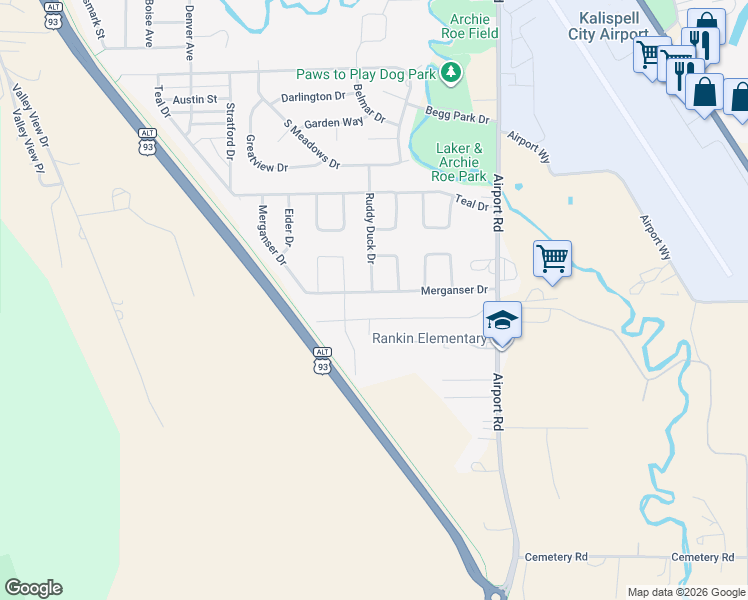 map of restaurants, bars, coffee shops, grocery stores, and more near 2242 Merganser Drive in Kalispell