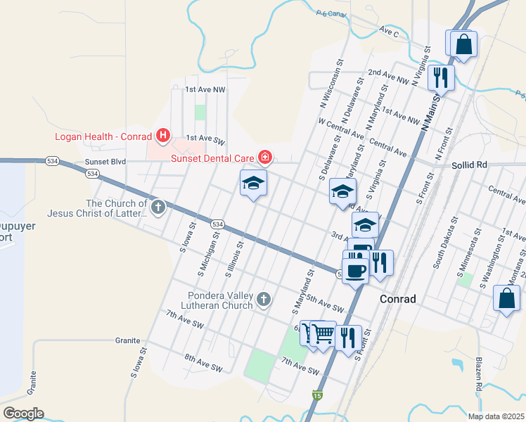 map of restaurants, bars, coffee shops, grocery stores, and more near 216 South Wisconsin Street in Conrad