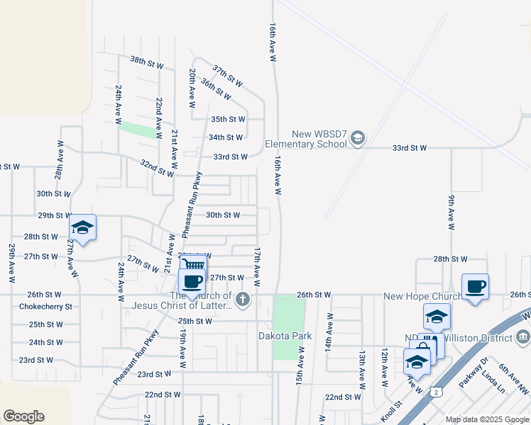 map of restaurants, bars, coffee shops, grocery stores, and more near 3029 17th Avenue West in Williston