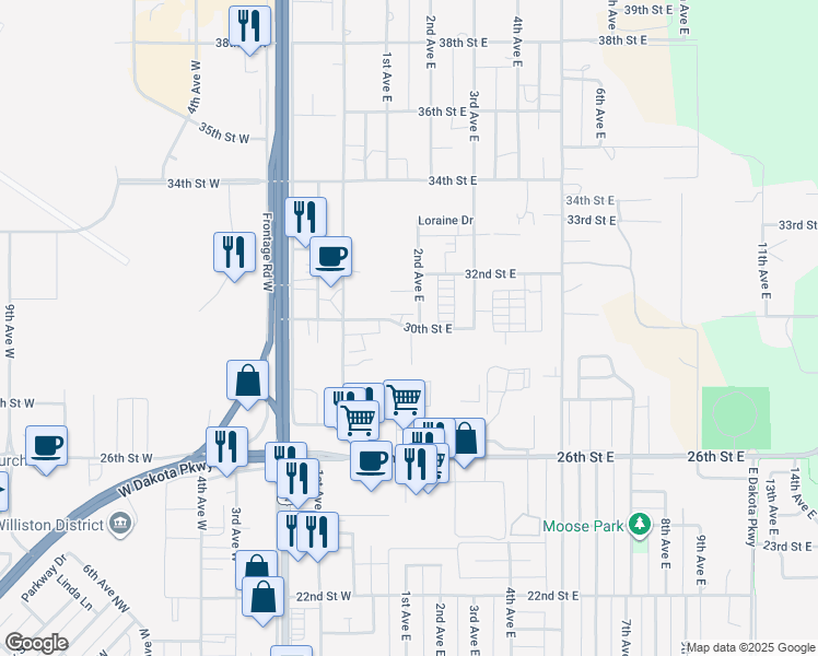 map of restaurants, bars, coffee shops, grocery stores, and more near 207 30th Street East in Williston
