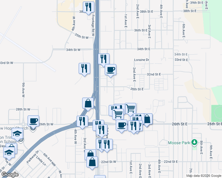 map of restaurants, bars, coffee shops, grocery stores, and more near 123 30th Street West in Williston