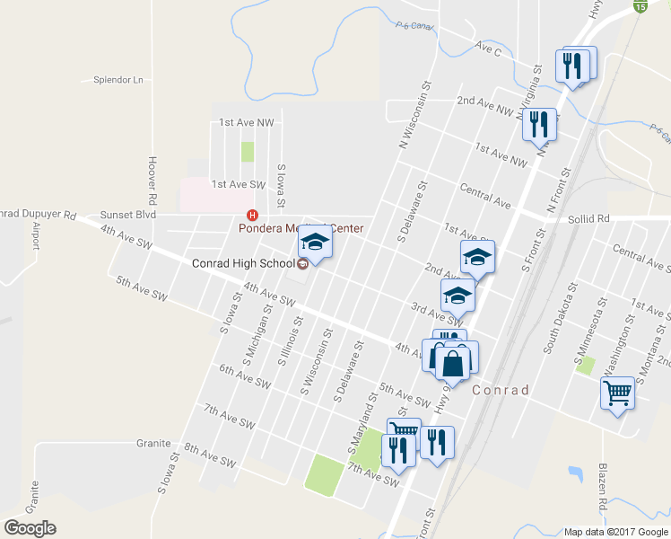 map of restaurants, bars, coffee shops, grocery stores, and more near 220 South Wisconsin Street in Conrad
