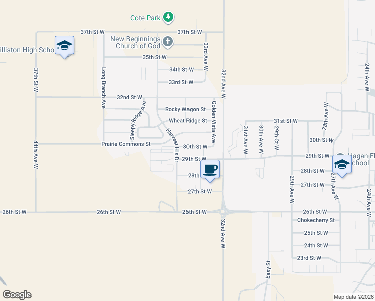map of restaurants, bars, coffee shops, grocery stores, and more near 3330 29th Street West in Williston