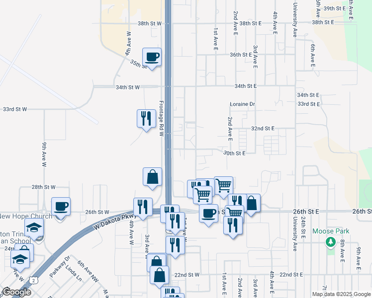 map of restaurants, bars, coffee shops, grocery stores, and more near 134 30th Street West in Williston