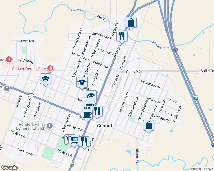 map of restaurants, bars, coffee shops, grocery stores, and more near 107 South Main Street in Conrad