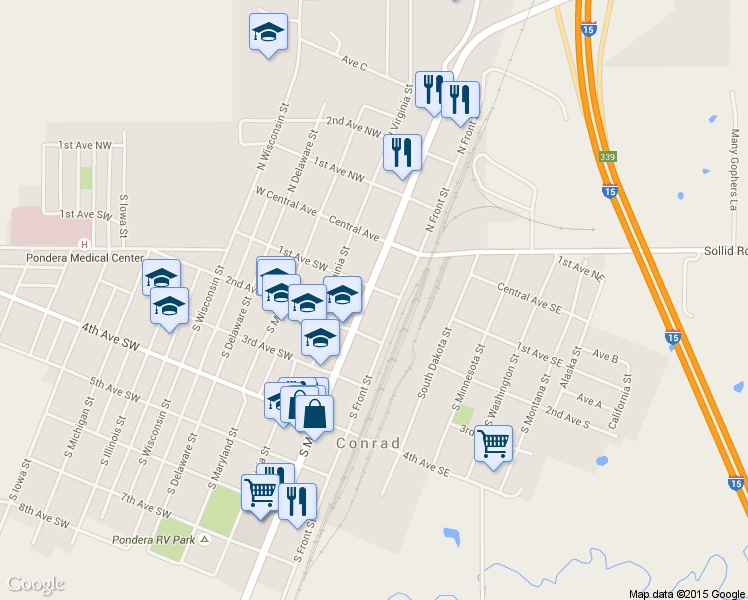 map of restaurants, bars, coffee shops, grocery stores, and more near 107 South Main Street in Conrad