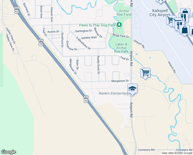 map of restaurants, bars, coffee shops, grocery stores, and more near 2220 Ruddy Duck Drive in Kalispell