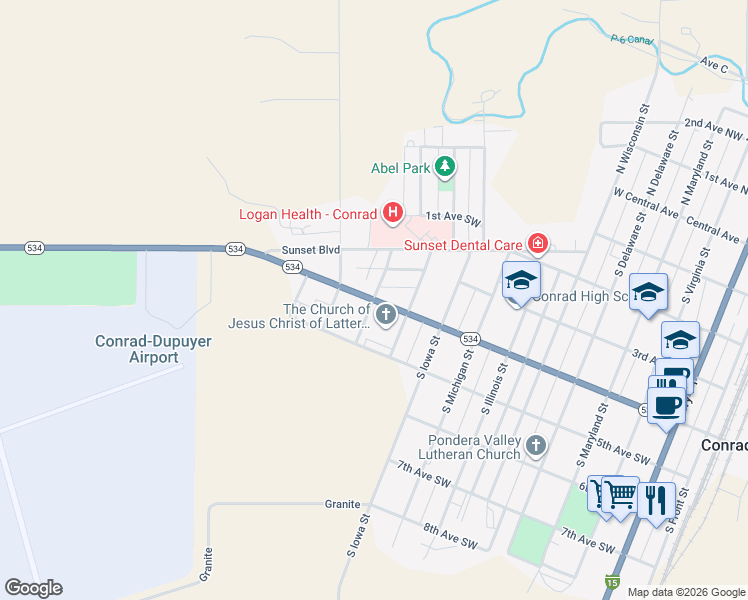 map of restaurants, bars, coffee shops, grocery stores, and more near 901 4th Avenue Southwest in Conrad