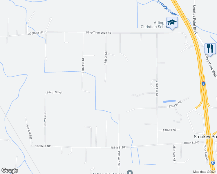 map of restaurants, bars, coffee shops, grocery stores, and more near 19529 17th Drive Northeast in Arlington