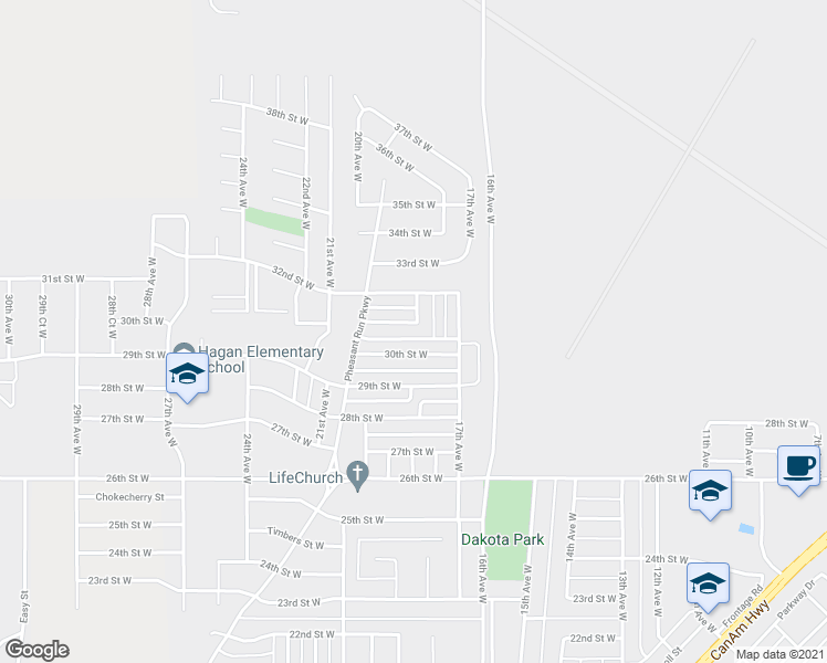 map of restaurants, bars, coffee shops, grocery stores, and more near 1805 31st Street West in Williston