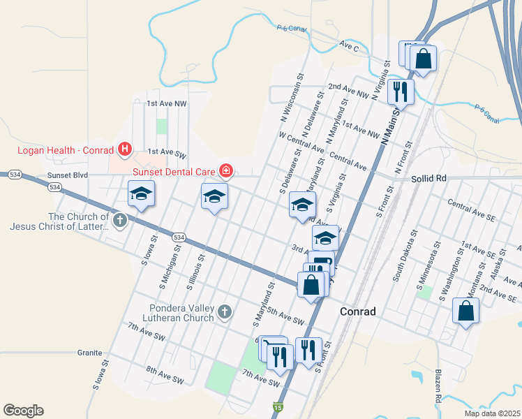 map of restaurants, bars, coffee shops, grocery stores, and more near 205 North Wisconsin Street in Conrad