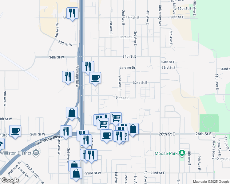 map of restaurants, bars, coffee shops, grocery stores, and more near 123 30th Street East in Williston