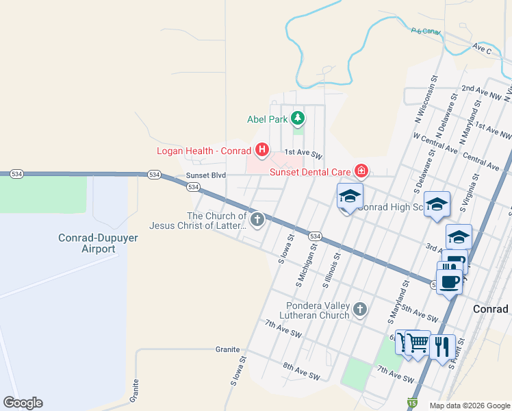 map of restaurants, bars, coffee shops, grocery stores, and more near 901-903 4th Avenue Southwest in Conrad