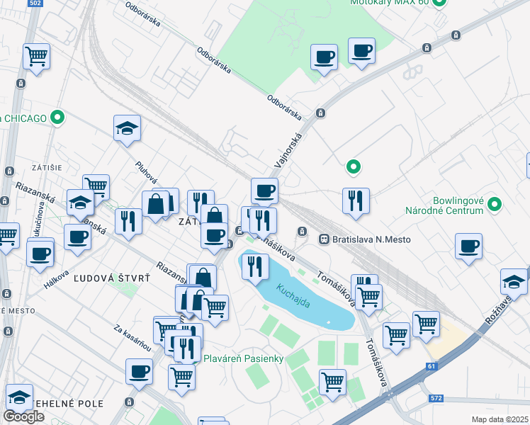 map of restaurants, bars, coffee shops, grocery stores, and more near Tomášikova in Bratislava