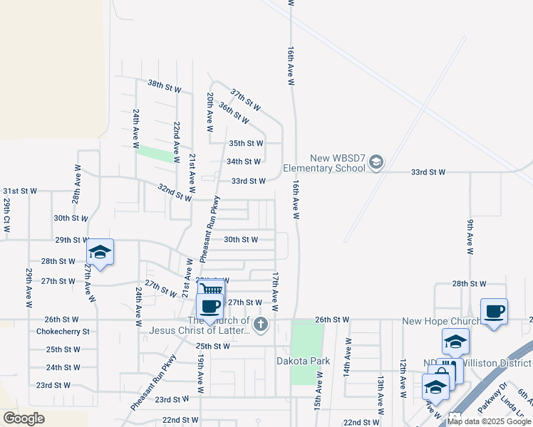 map of restaurants, bars, coffee shops, grocery stores, and more near 3029 17th Avenue West in Williston