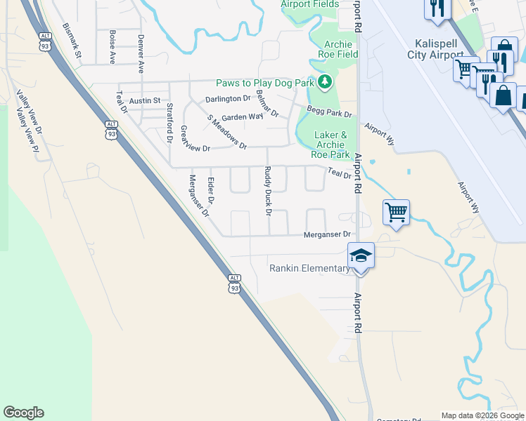 map of restaurants, bars, coffee shops, grocery stores, and more near 2220 Ruddy Duck Drive in Kalispell