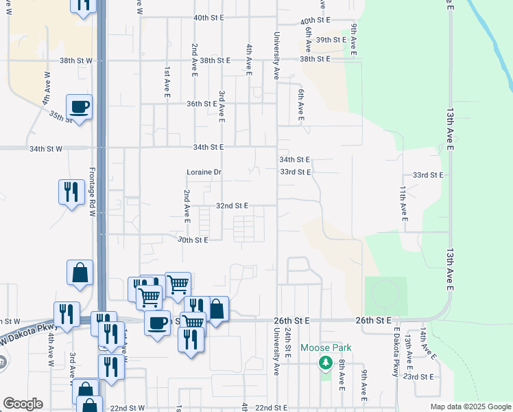 map of restaurants, bars, coffee shops, grocery stores, and more near 215 32nd Street East in Williston