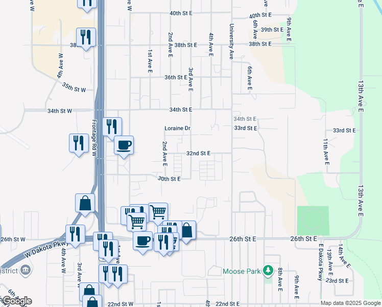 map of restaurants, bars, coffee shops, grocery stores, and more near 32nd Street East in Williston