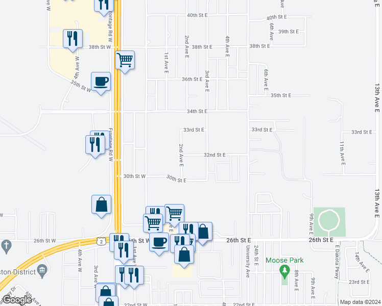 map of restaurants, bars, coffee shops, grocery stores, and more near 215 32nd Street East in Williston