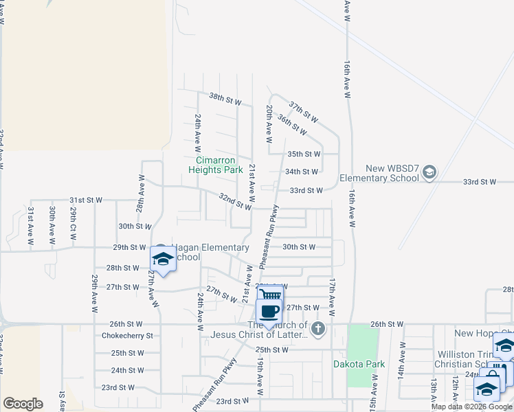 map of restaurants, bars, coffee shops, grocery stores, and more near 3202 21st Avenue West in Williston