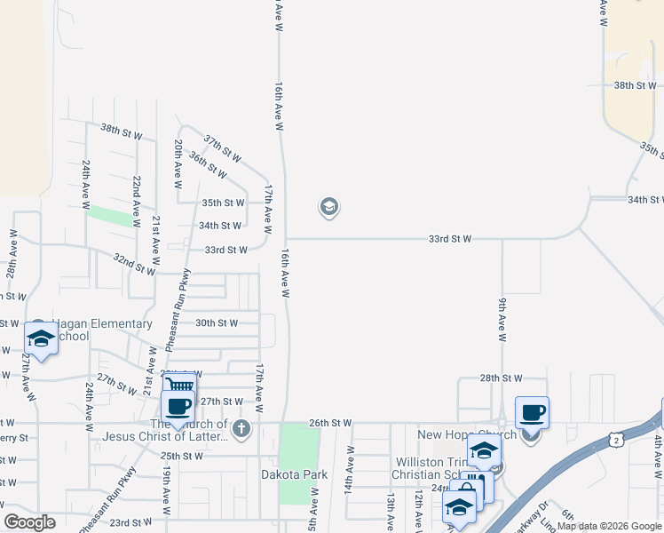 map of restaurants, bars, coffee shops, grocery stores, and more near 3306 17th Avenue West in Williston