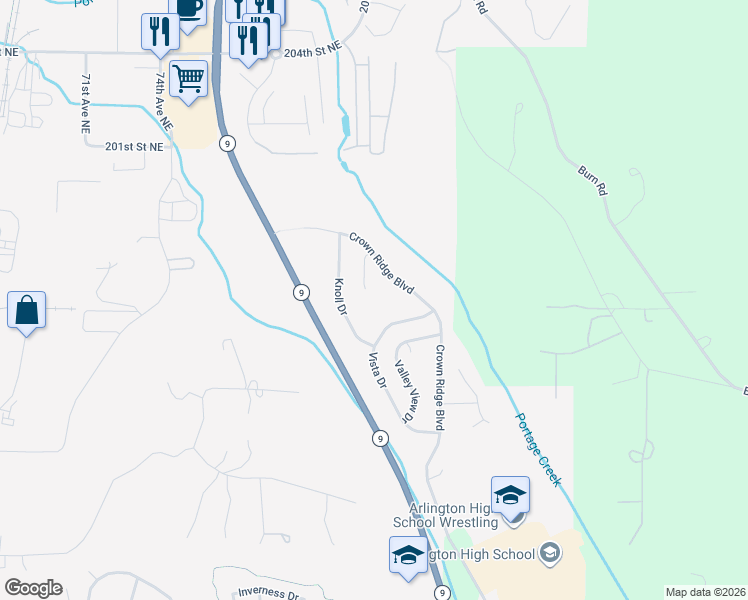 map of restaurants, bars, coffee shops, grocery stores, and more near 19601 Peak Place in Arlington