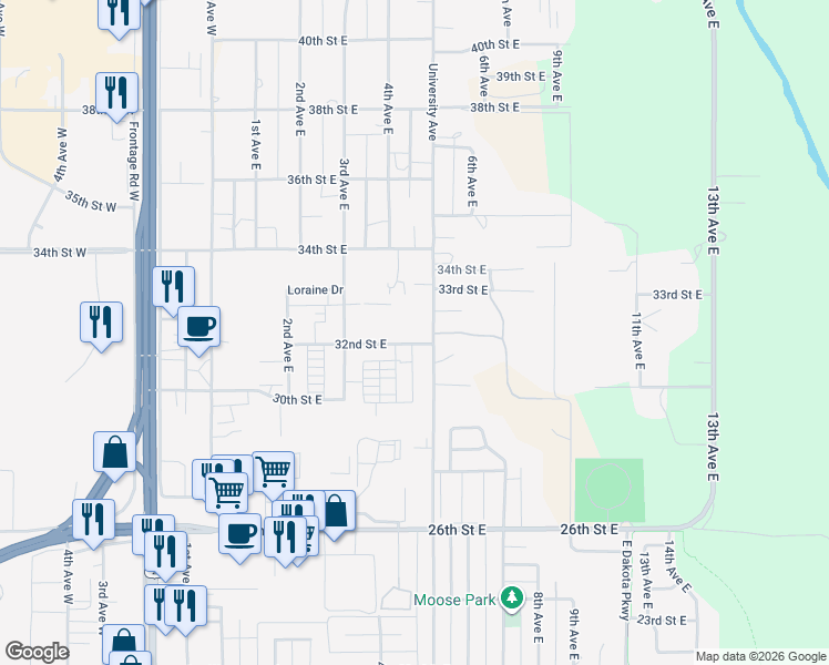 map of restaurants, bars, coffee shops, grocery stores, and more near 425 32nd Street East in Williston