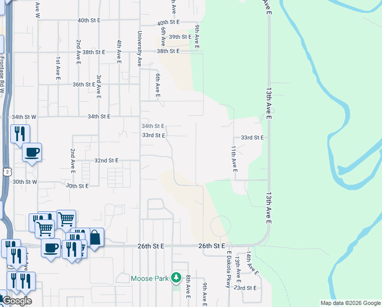 map of restaurants, bars, coffee shops, grocery stores, and more near 3115 9th Avenue East in Williston