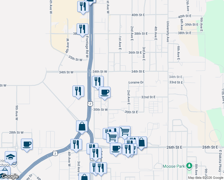 map of restaurants, bars, coffee shops, grocery stores, and more near 3202 1st Avenue West in Williston