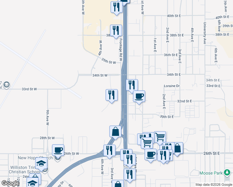 map of restaurants, bars, coffee shops, grocery stores, and more near 3211 Frontage Road West in Williston